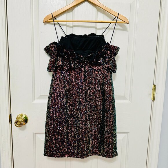 THIRTY / THIRTY IRIDESCENT METALLIC SEQUINS RUFFLE BODICE COCKTAIL DRESS - Picture 2 of 6